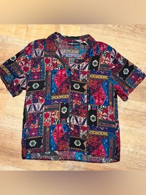VTG 90s Sag Harbor Patchwork Rayon Button Up Shirt Medium Eclectic Grandpa